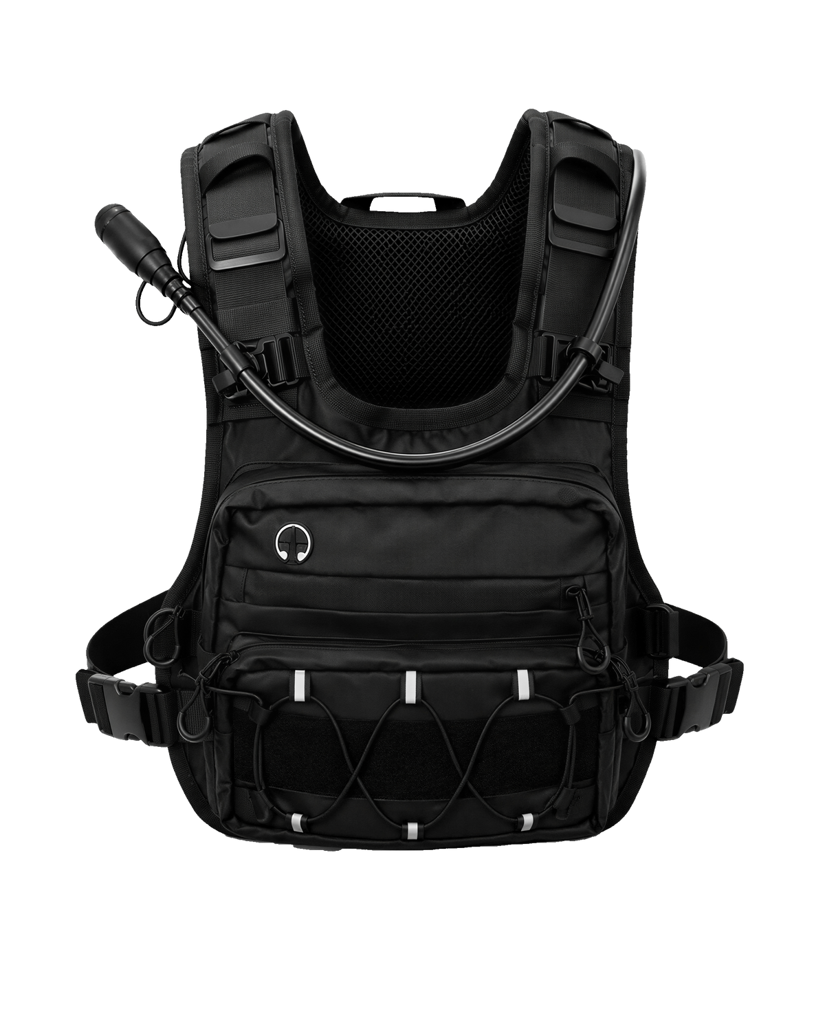 Front view of the R1 hydration vest with numbered feature markers